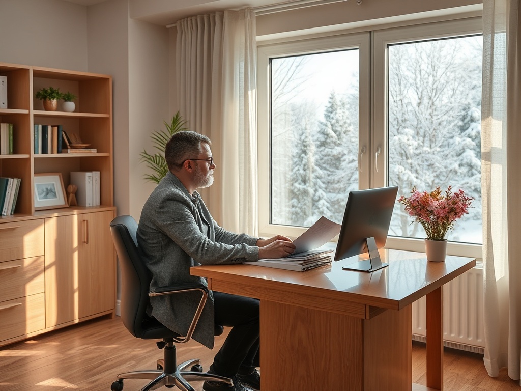 Человек за столом в уютном офисе смотрит в окно, где виден зимний пейзаж с заснеженными деревьями.