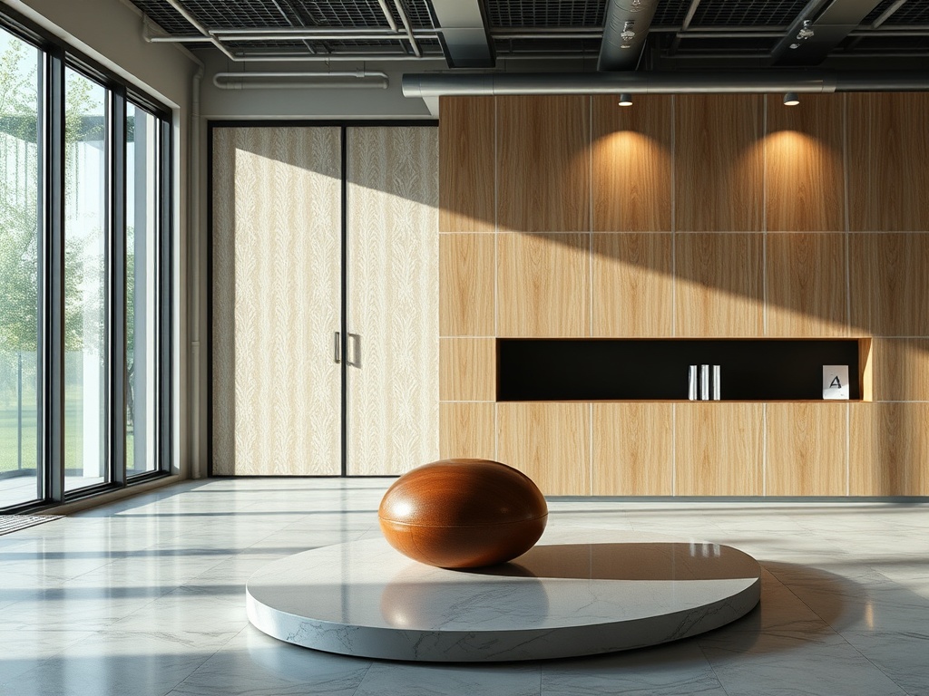 Современный интерьер с деревянными стенами, круглой платформой и светлым шаром на ней. Большие окна открывают вид на природу.