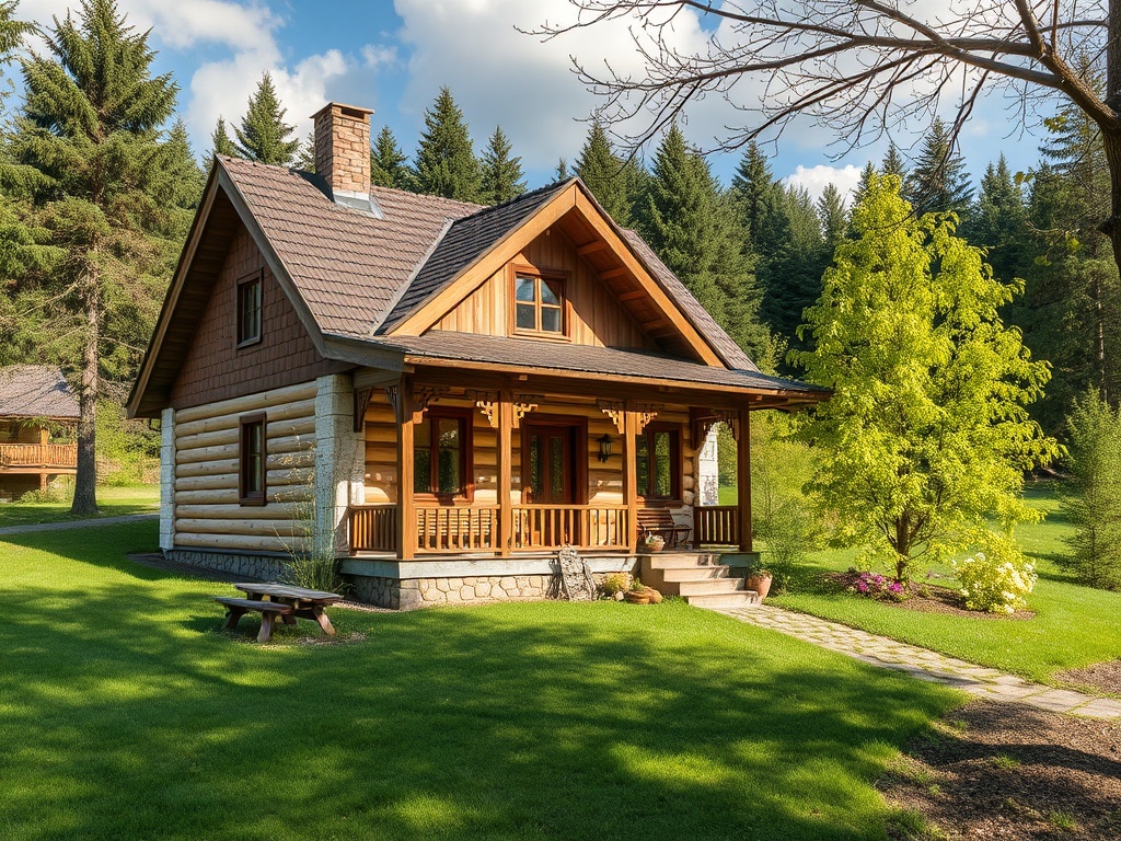 Красивая деревянная дача на фоне зелёных деревьев и чистого неба, окружённая ухоженным газоном.