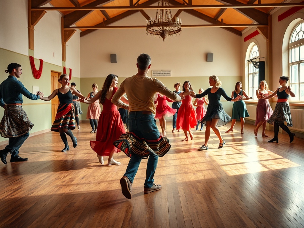 Группа людей в яркой одежде танцует в просторном зале с деревянным полом и большими окнами.