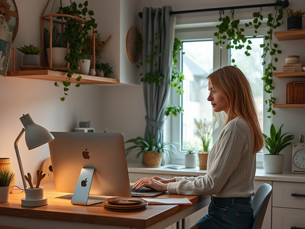 На фото женщина работает за столом в уютном офисе, окруженном зелеными растениями и хорошим светом.