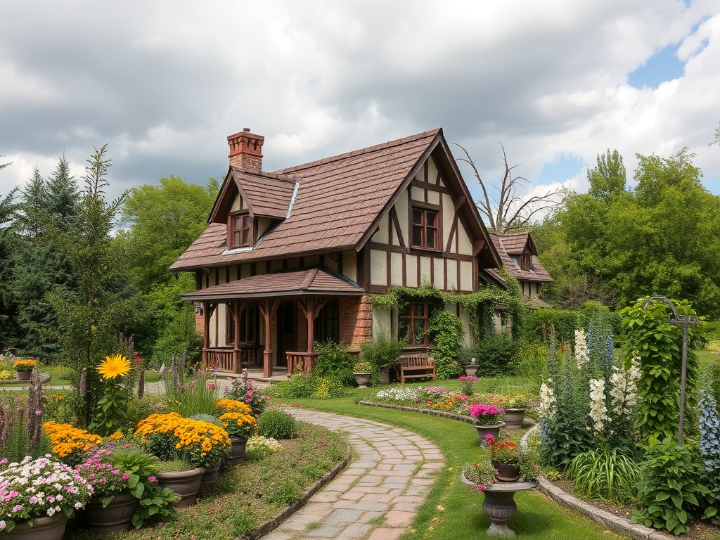 Красивая загородная деревянная дача с цветниками на фоне зелени и облачного неба.