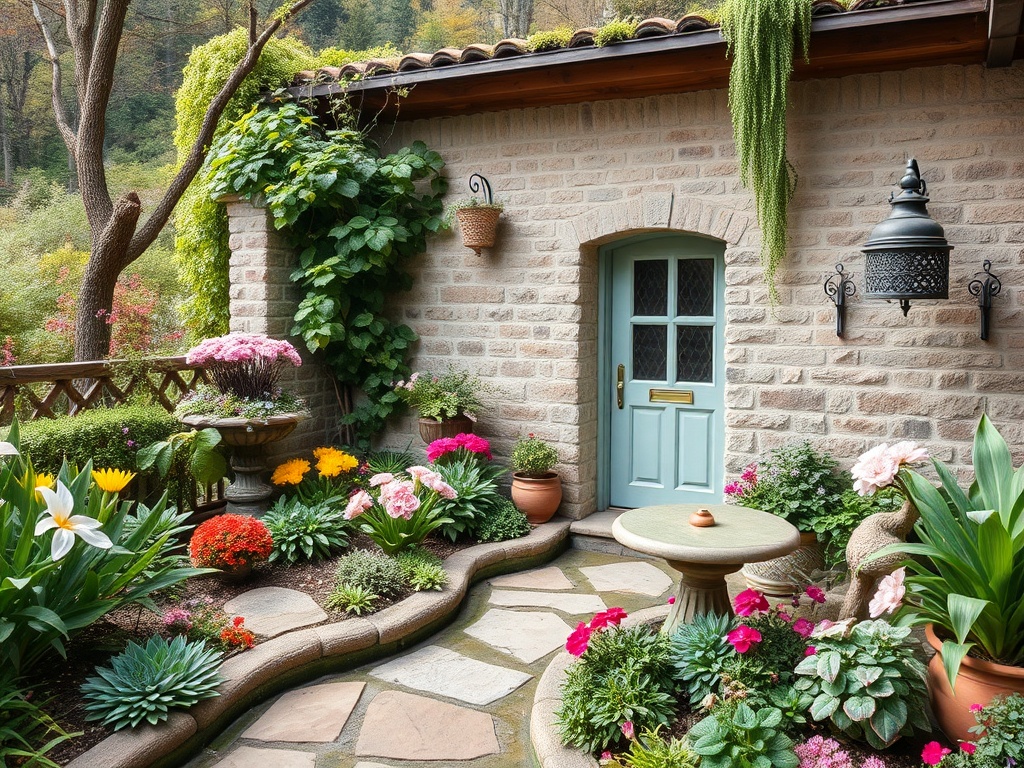 Уютный дворик с цветами, каменной дорожкой и дверью, окружённый зеленью и солнцем.
