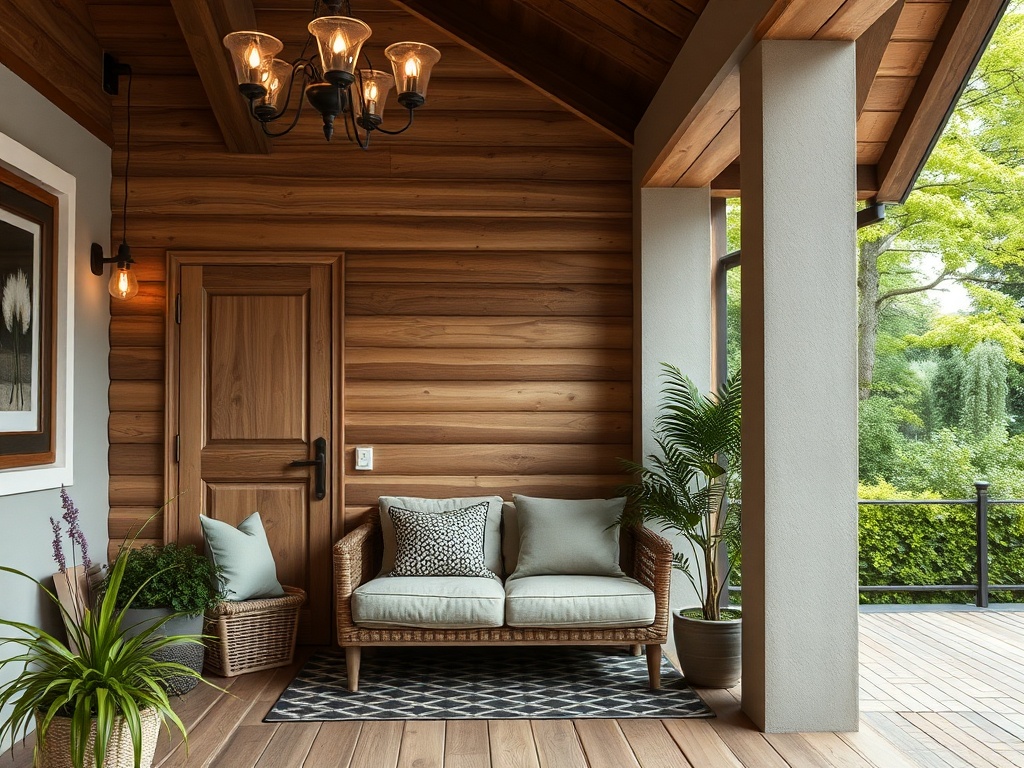 Уютный уголок с креслом, деревянными стенами и зелеными растениями, создающий атмосферу спокойствия.