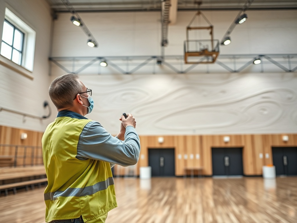 Рабочий в жилете и маске смотрит вверх в пустом зале с деревянным полом и большими окнами.
