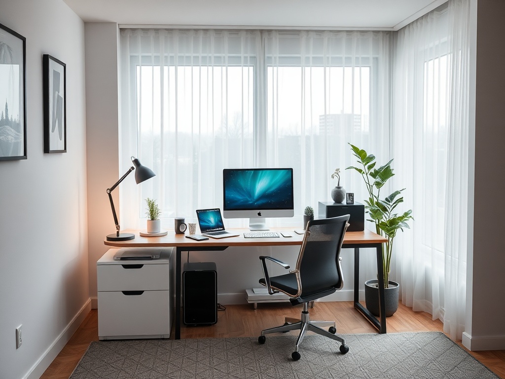 Современный офис с компьютером, столом, стулом и растениями, в комнате с большими окнами и мягким светом.
