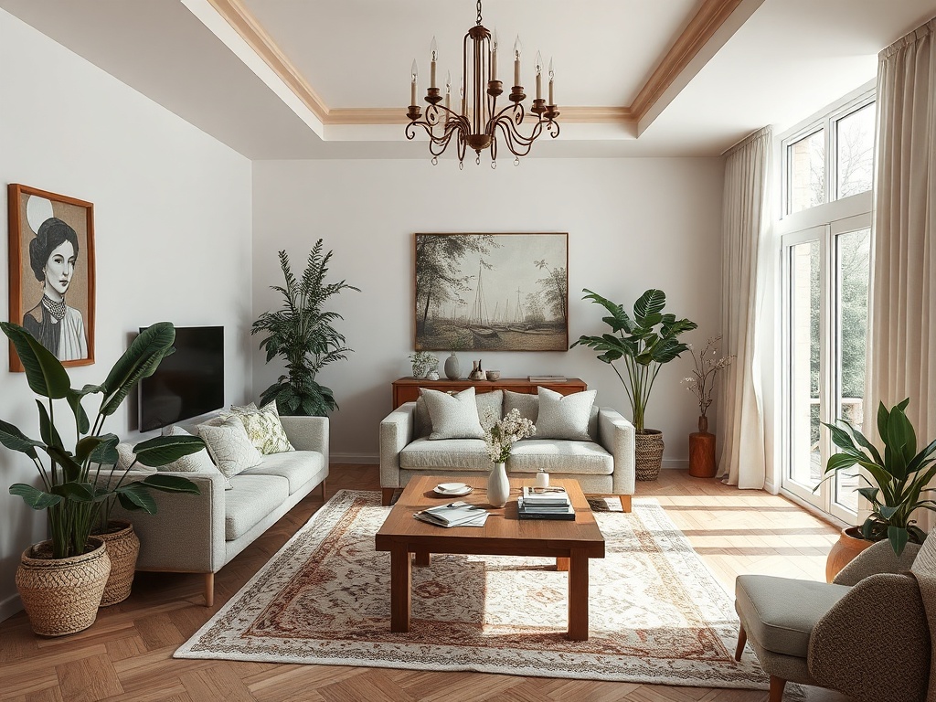 Современный стильный интерьер гостиной с растениями, картинами и уютной мебелью. Светлый, просторный и теплый.