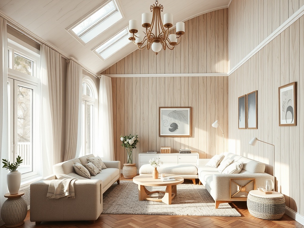 Современная гостиная с большими окнами, светлыми тонами и стильной мебелью. Уютная атмосфера и аккуратный декор.