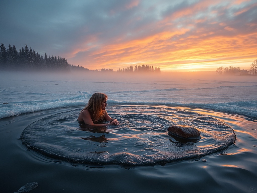 Женщина сидит в круглом проруби на фоне зимнего заката и облаков, окруженная снежным пейзажем.