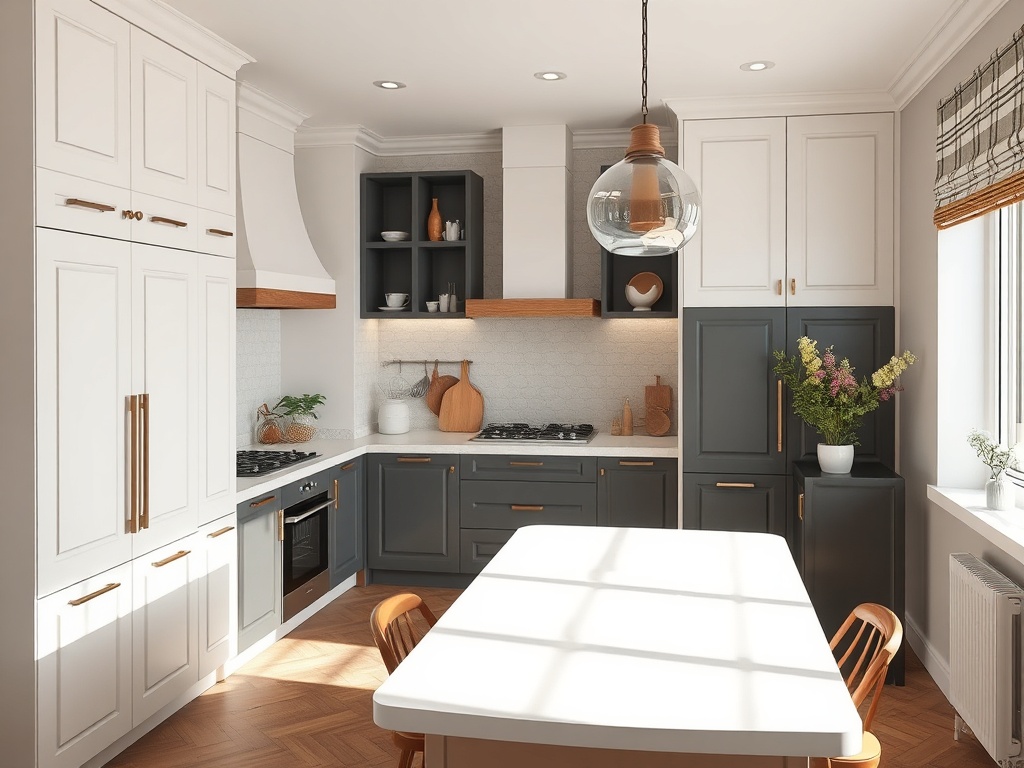 Современная кухня с белыми и серыми шкафами, деревянной столешницей и столом с формой корабля.