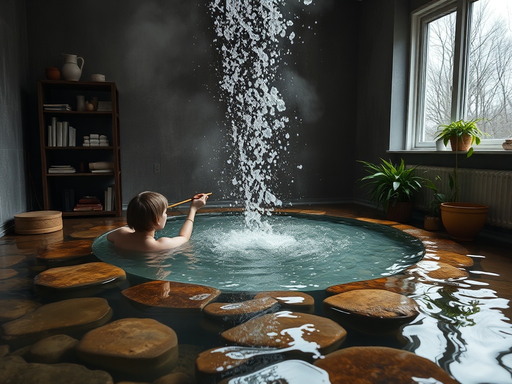 Мальчик сидит в деревянной ванне, откуда бьет струя воды. В комнате зелень и уютная обстановка.