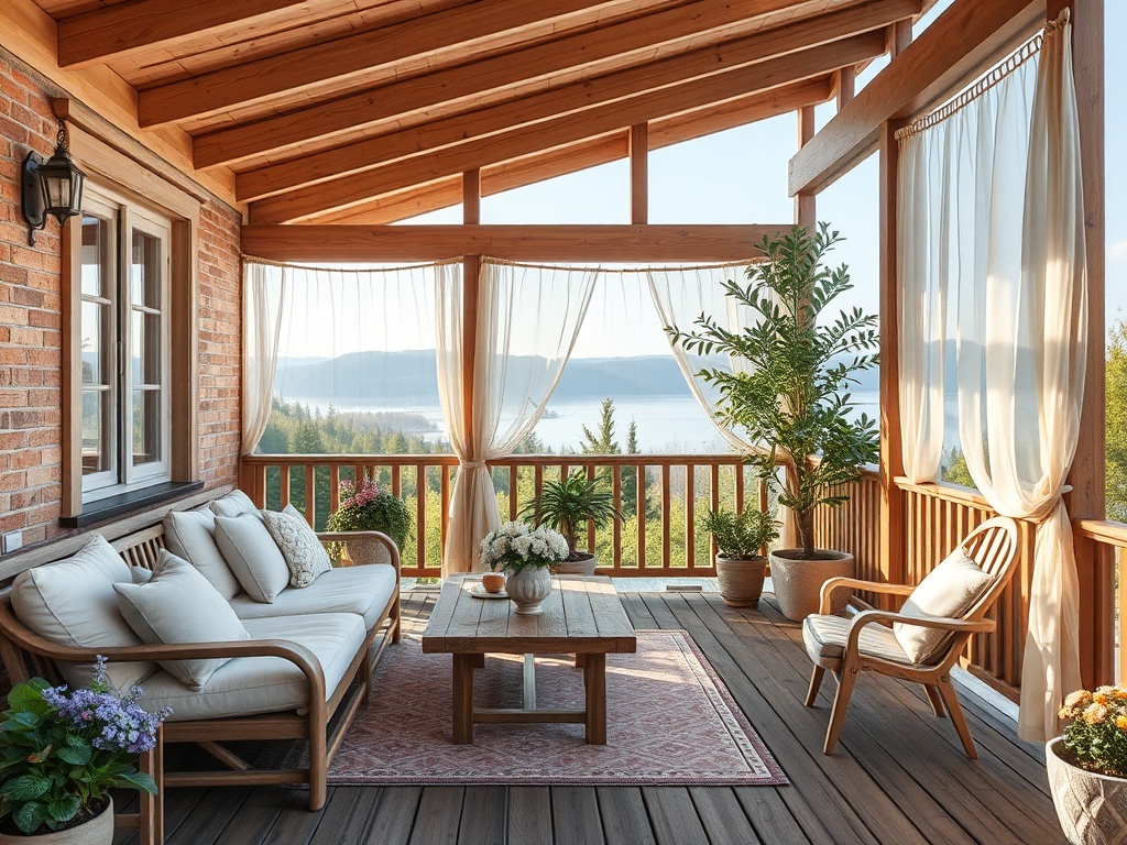 Уютная веранда с мебелью, растениями и видом на озеро и лес на фоне гор. Чисто и светло.
