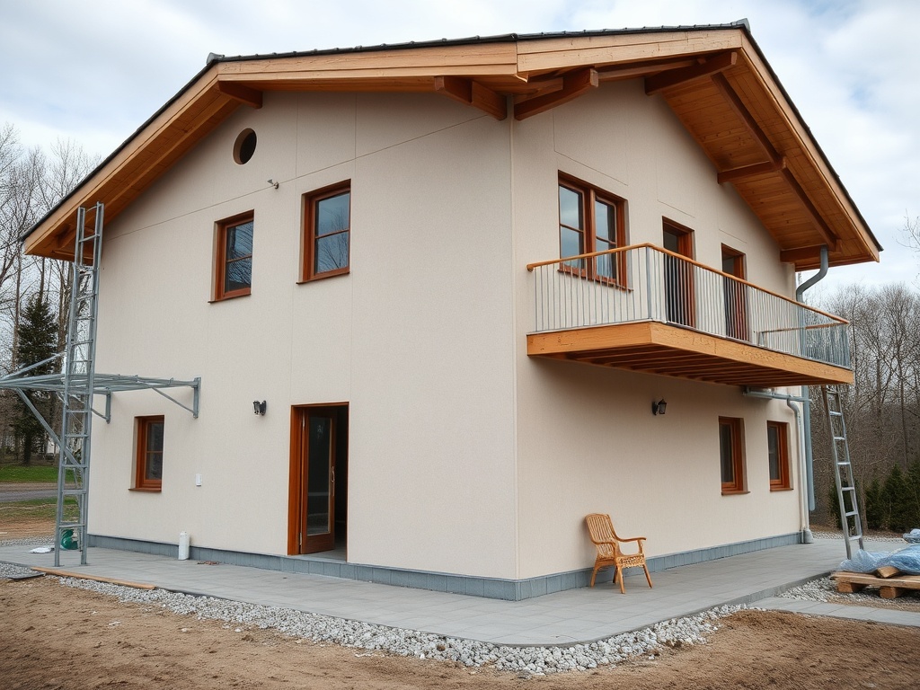 Современный дом с деревянным балконом, около лестницы и площадки перед входом. Весна, окружающая природа.