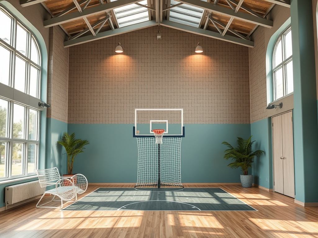 Современный спортзал с высоким потолком, площадкой для баскетбола и большими окнами. Уют, свет и пространство.