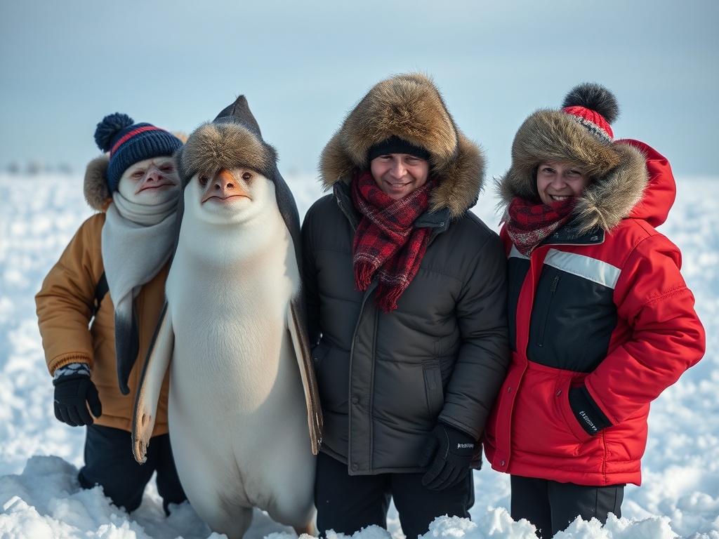 На снегу стоят три человека и один пингвин. Все в теплой одежде, улыбаются на фоне зимнего пейзажа.