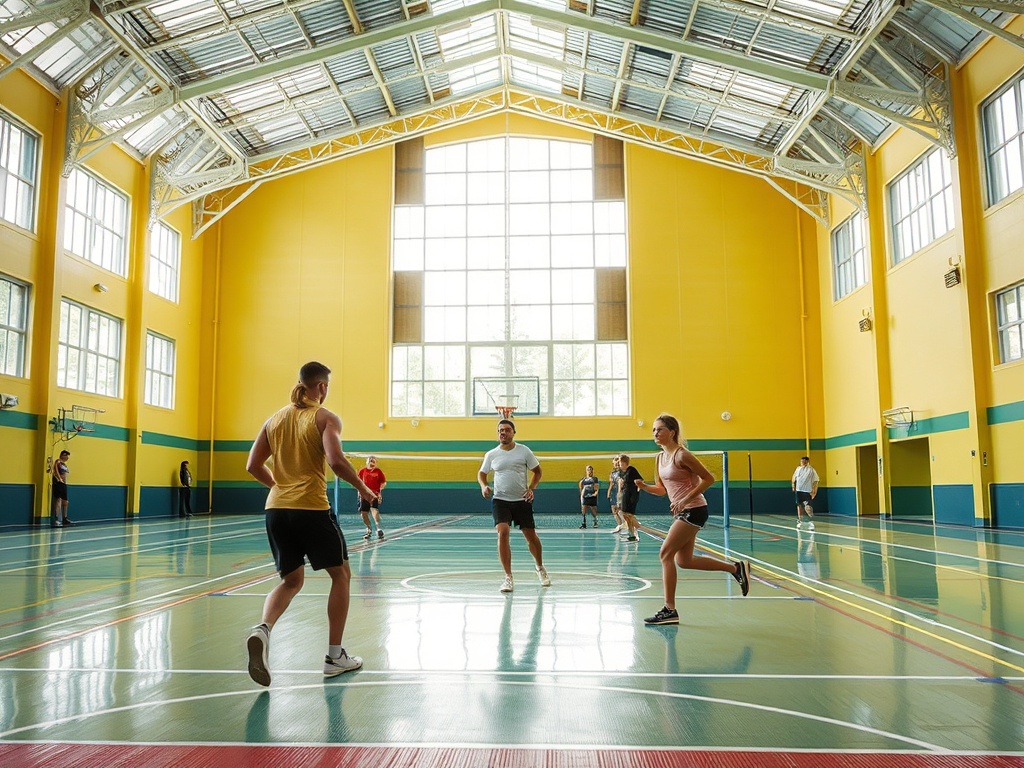 Спортивный зал с людьми, играющими в активные игры. Жёлтые стены и большие окна создают светлую атмосферу.