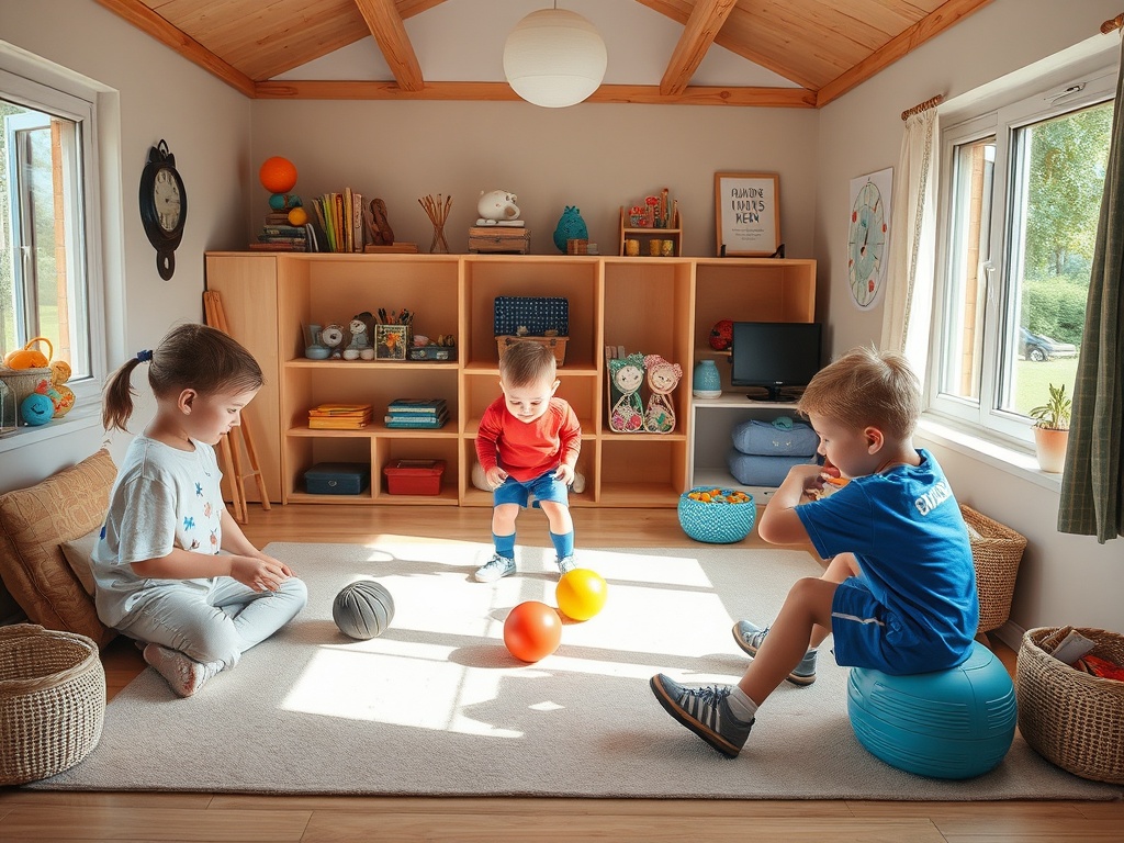 Дети играют в уютной комнате, окруженные игрушками и мячами на светлом ковре. Атмосфера веселья и радости.