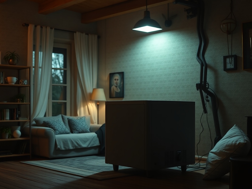 В уютной комнате с диваном и светильником, на переднем плане стоит небольшой холодильник.