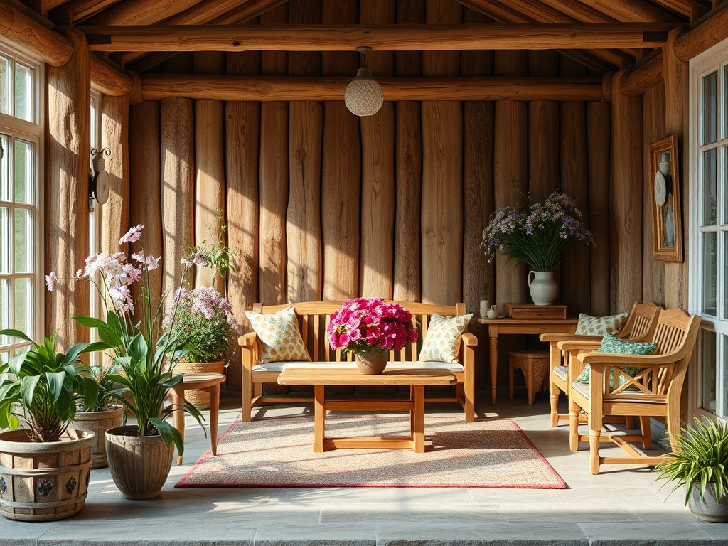 Светлая веранда с деревянными стенами, цветами и удобной мебелью для отдыха и расслабления.