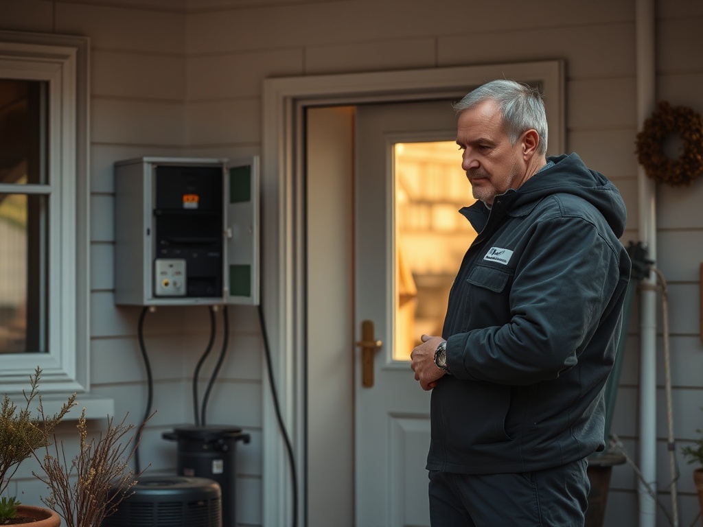 Мужчина в темной куртке стоит у двери, рядом с электрическим щитом, в вечернем свете.