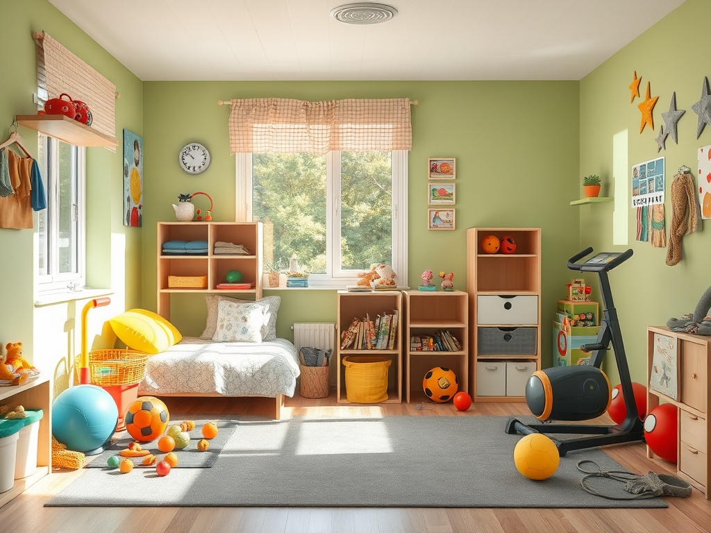 Уютная детская комната с игрушками, книгами и спортивным оборудованием на светлом полу.